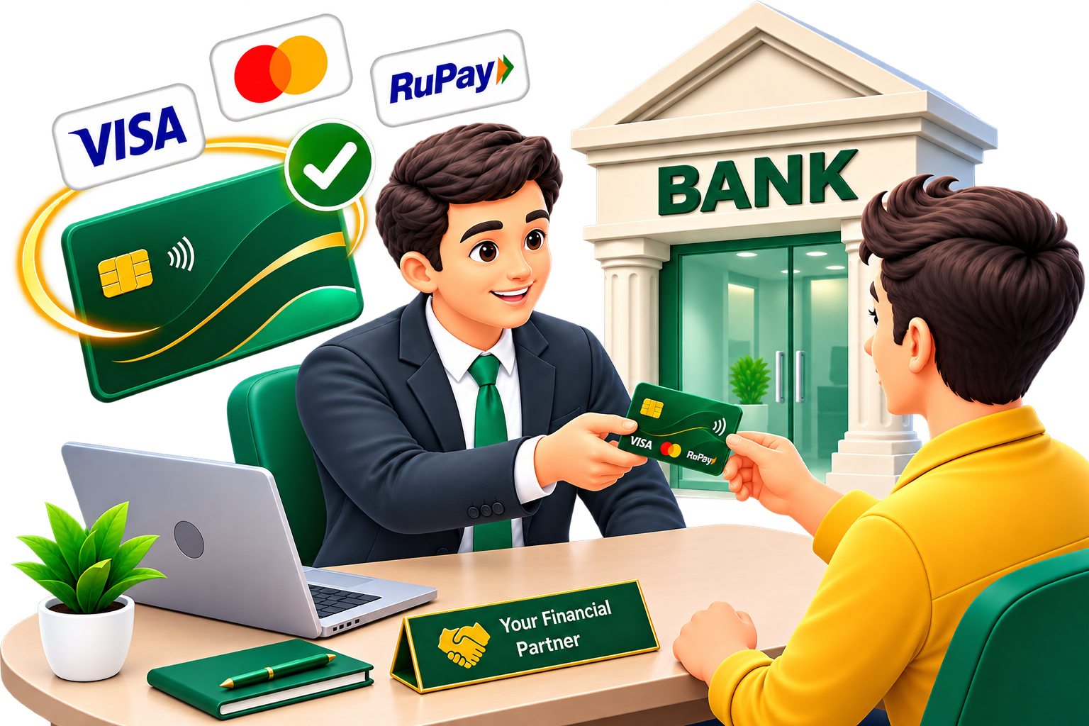 Relationship manager handing over a Money Sathi credit card, accepted on Visa, Mastercard and RuPay networks