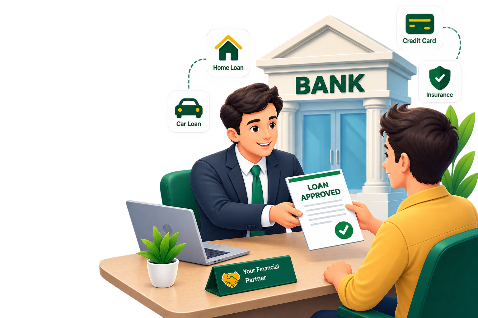 Money Sathi advisor handing over a loan approval letter to a happy customer at the bank